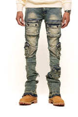 JOURNEY TO GREATNESS" CARGO FLARE STACK DENIM (NAVY BLUE)