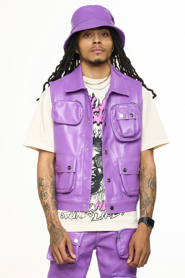 "FLOAT ON" CARGO LEATHER VEST (ELECTRIC VIOLET)