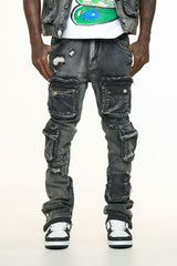 "JOURNEY TO GREATNESS" CARGO FLARE STACK DENIM (BLACK)