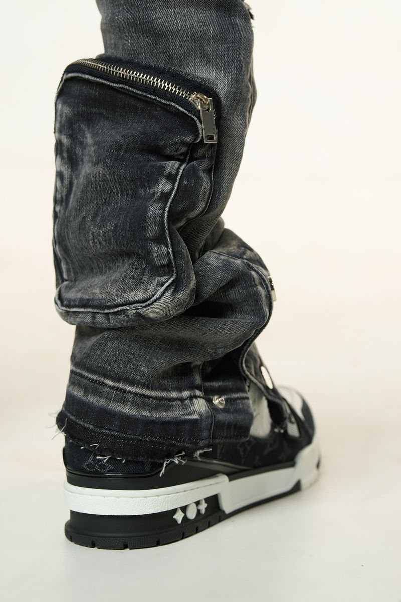 "JOURNEY TO GREATNESS" CARGO FLARE STACK DENIM (BLACK)