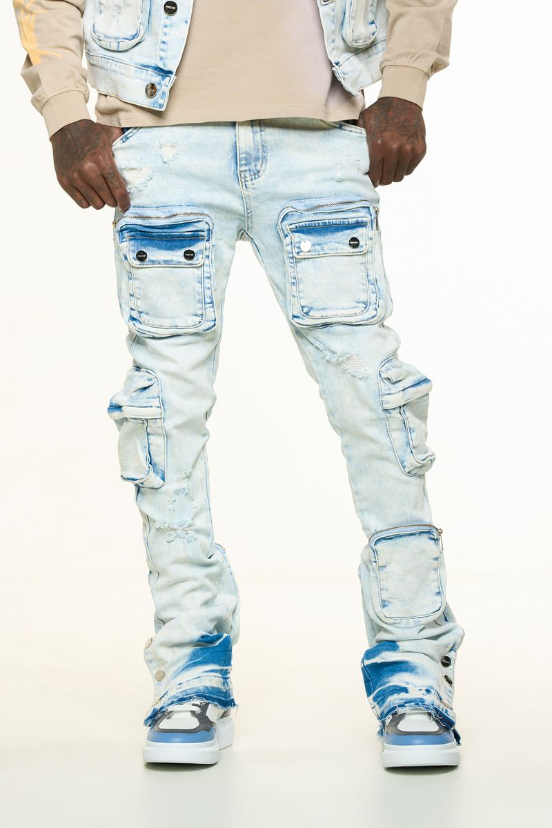 "JOURNEY TO GREATNESS" CARGO FLARE STACK DENIM (LIGHT BLUE)