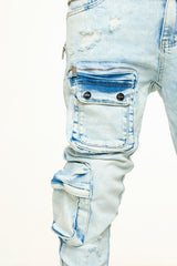 "JOURNEY TO GREATNESS" CARGO FLARE STACK DENIM (LIGHT BLUE)