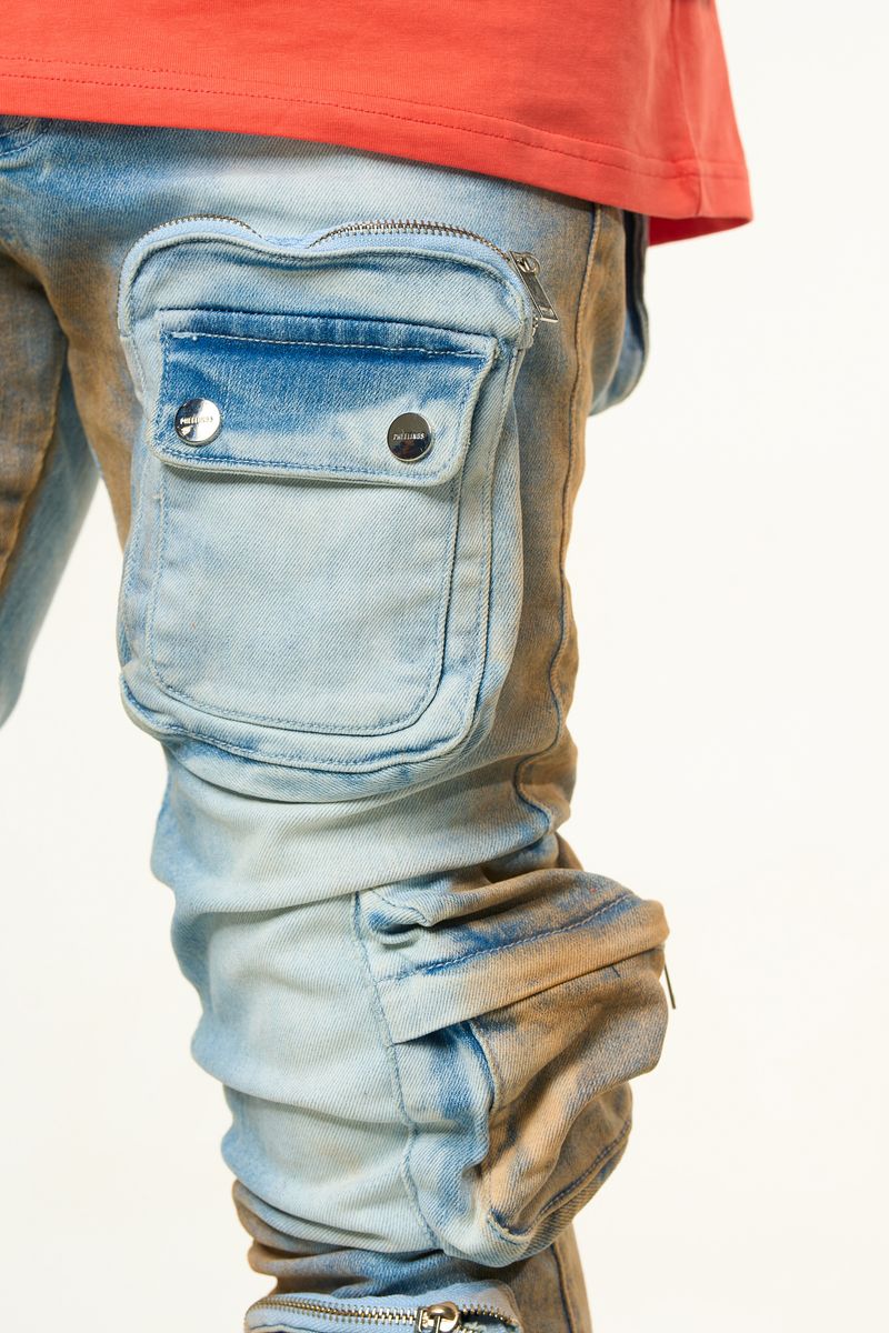 "JOURNEY TO GREATNESS" CARGO FLARE STACK DENIM (ORANGE OVER-DYE)