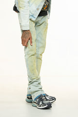 "MENDING HEARTS" EMBOSSED FLARE STACK DENIM (LIGHT BLUE/SAND)