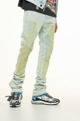 "MENDING HEARTS" EMBOSSED FLARE STACK DENIM (LIGHT BLUE/SAND)