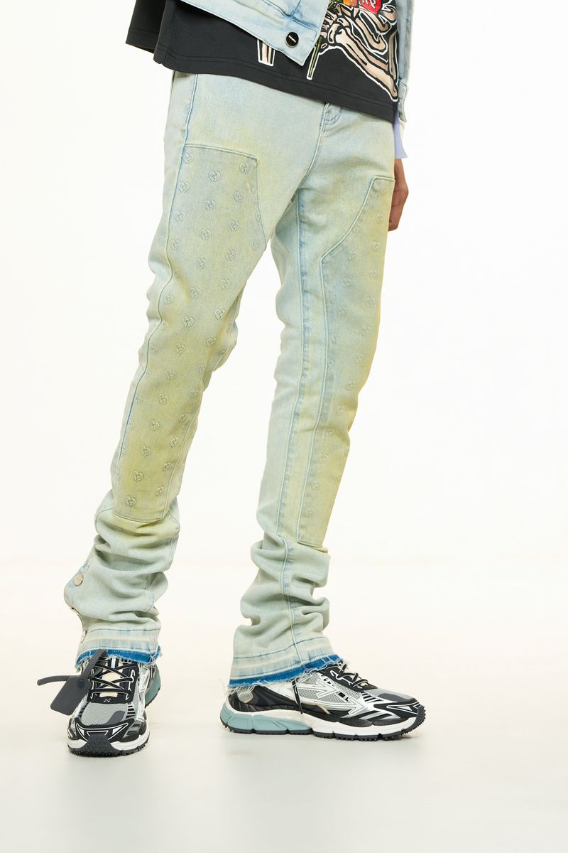 "MENDING HEARTS" EMBOSSED FLARE STACK DENIM (LIGHT BLUE/SAND)