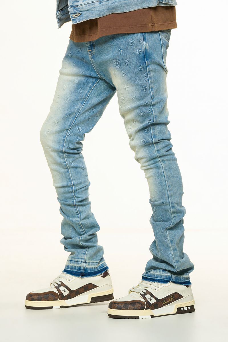 "NEW EMOTIONS" EMBOSSED FLARE STACK DENIM (LIGHT BLUE STONE WASH)