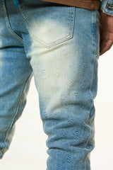 "NEW EMOTIONS" EMBOSSED FLARE STACK DENIM (LIGHT BLUE STONE WASH)