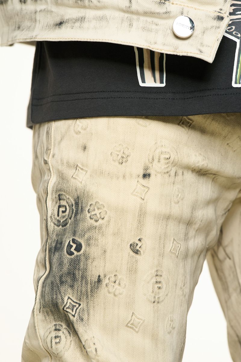 "NEW EMOTIONS" EMBOSSED FLARE STACK DENIM (LIGHT GREY BLACK OVERDYE)