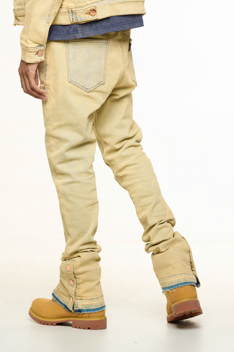 "MENDING HEARTS" EMBOSSED FLARE STACK DENIM (LIGHT BLUE/SAND)