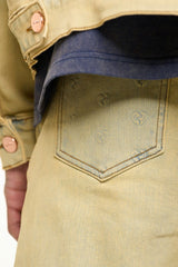 "MENDING HEARTS" EMBOSSED FLARE STACK DENIM (LIGHT BLUE/SAND)