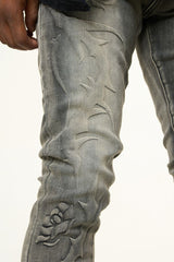 "LOVE IS PAIN" EMBOSSED SKINNY DENIM (CHARCOAL GREY/SAND)