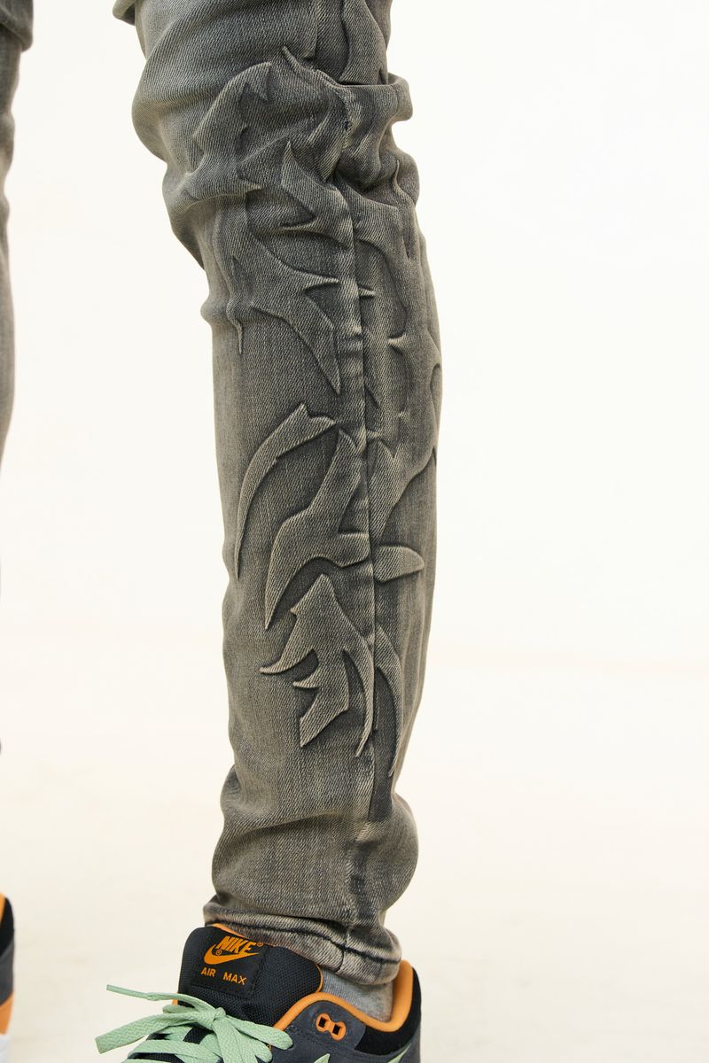 "LOVE IS PAIN" EMBOSSED SKINNY DENIM (CHARCOAL GREY/SAND)