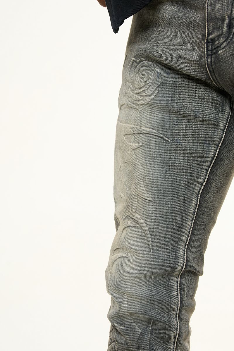 "LOVE IS PAIN" EMBOSSED SKINNY DENIM (CHARCOAL GREY/SAND)