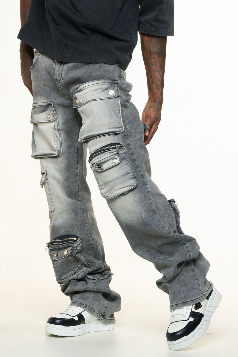 "HEAVY THOUGHTS" CARGO BAGGY DENIM (CHARCOAL GREY WASH)