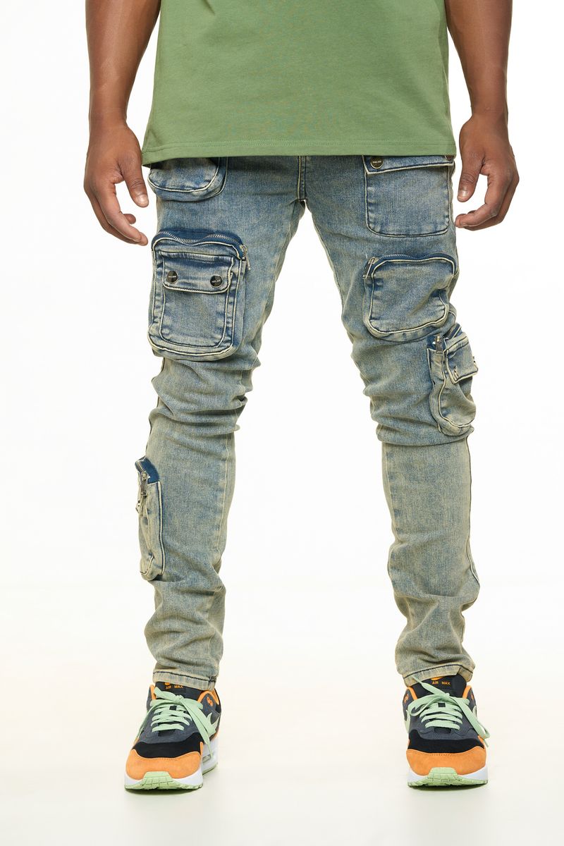 "LUCID DREAMS" CARGO SKINNY DENIM (MEDIUM BLUE/ SAND)