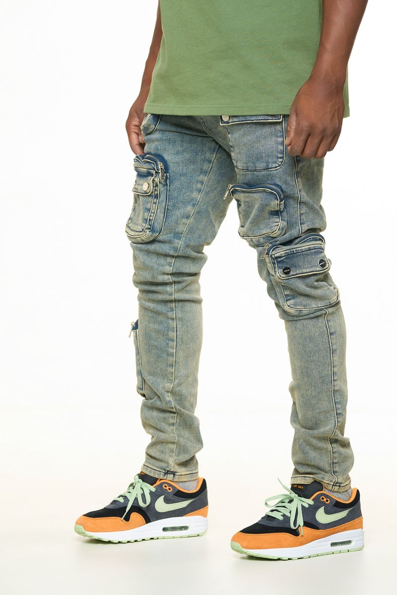 "LUCID DREAMS" CARGO SKINNY DENIM (MEDIUM BLUE/ SAND)