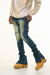 "EMOTIONALLY DRIVEN"FLARE STACK DENIM (MEDIUM BLUE VINTAGE WASH)