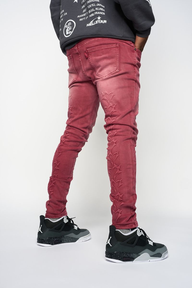 "SHATTERED HEARTS" SKINNY DENIM (BURGUNDY)