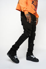 JOURNEY TO GREATNESS"  CARGO FLARE STACK DENIM (JET BLACK)