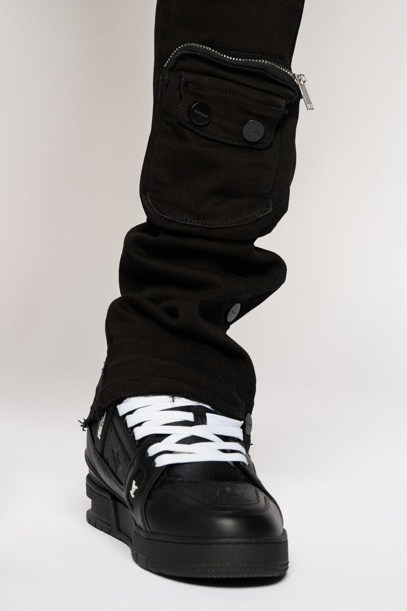 JOURNEY TO GREATNESS"  CARGO FLARE STACK DENIM (JET BLACK)