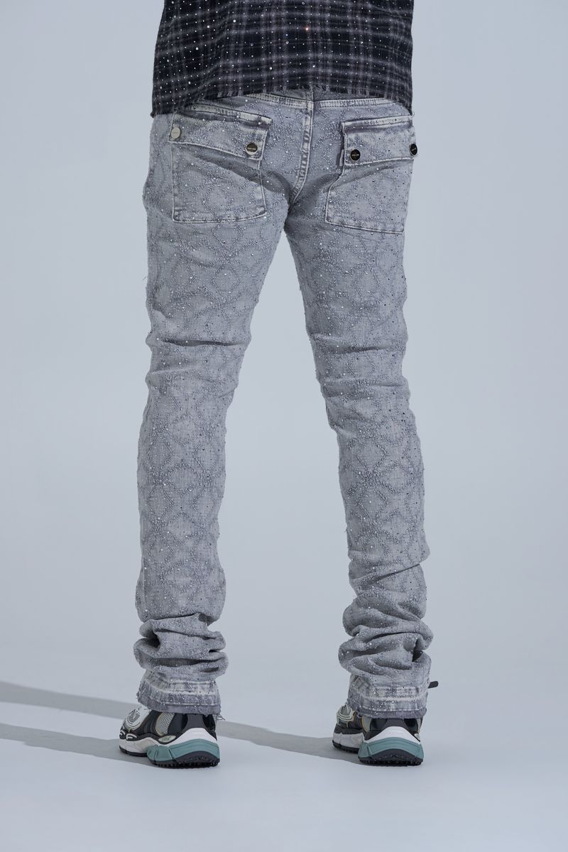 "FIRST MILLION" RHINESTONE STACK DENIM (LIGHT GREY)