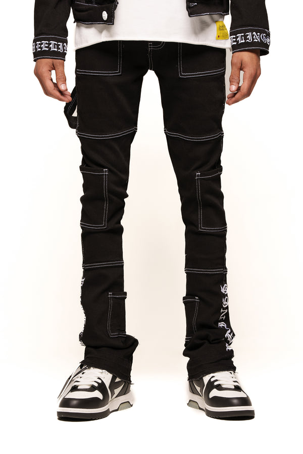 "DEFYING ODDS" BLACK WHITE CARGO FLARE STACK DENIM (JET BLACK/WHITE)