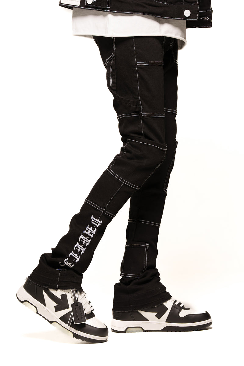 "DEFYING ODDS" BLACK WHITE CARGO FLARE STACK DENIM (JET BLACK/WHITE)