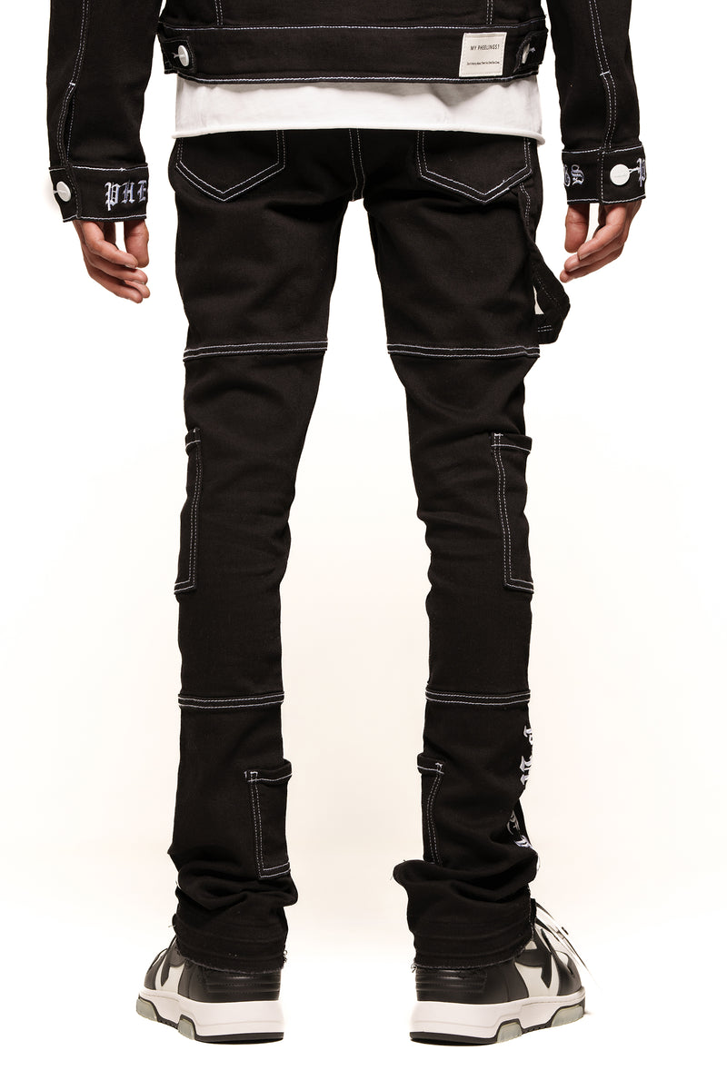 "DEFYING ODDS" BLACK WHITE CARGO FLARE STACK DENIM (JET BLACK/WHITE)