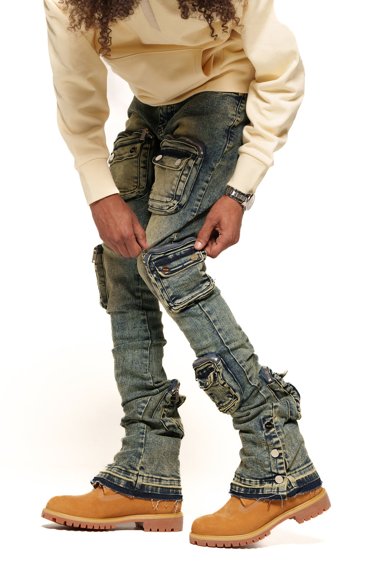 JOURNEY TO GREATNESS"  CARGO FLARE STACK DENIM (NAVY BLUE)