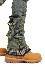 JOURNEY TO GREATNESS"  CARGO FLARE STACK DENIM (NAVY BLUE)