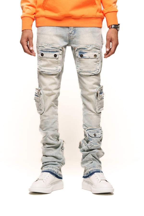 "JOURNEY TO GREATNESS" LIGHT BLUE CARGO FLARE STACK DENIM (LIGHT BLUE)