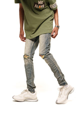 "DETERMINED FORCAST" SKINNY DENIM (MEDIUM BLUE/SAND)