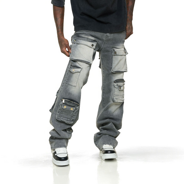 "HEAVY THOUGHTS" CARGO BAGGY DENIM (CHARCOAL GREY WASH)