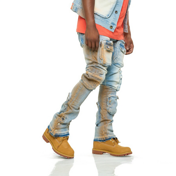 "JOURNEY TO GREATNESS" CARGO FLARE STACK DENIM (ORANGE OVER-DYE)