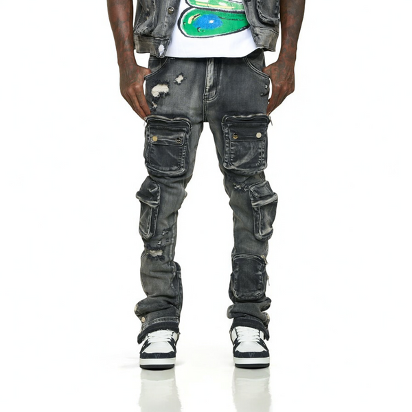 "JOURNEY TO GREATNESS" CARGO FLARE STACK DENIM (BLACK)