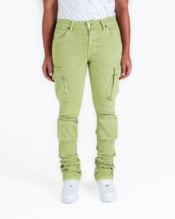 "NEVER LOOK BACK" CARGO FLARE STACK DENIM